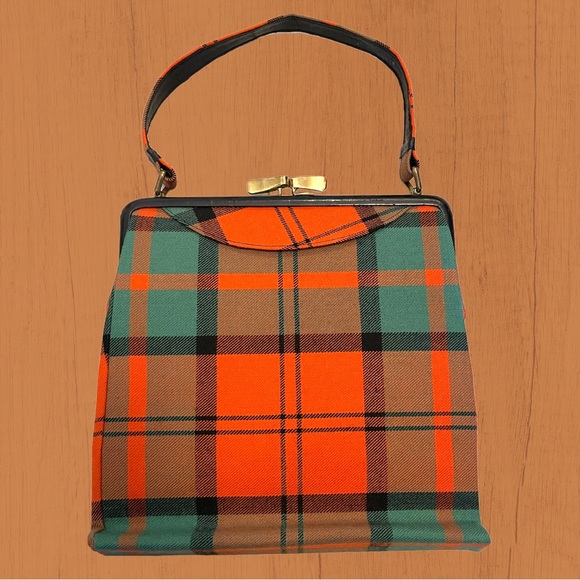 Vintage Handbags - 1950s vintage Scottish tartan handbag orange and green plaid